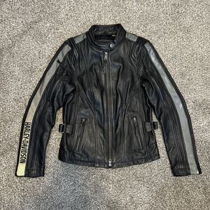 Harley Davidson Black Leather Jacket - Size Women's Small embroidered reflective